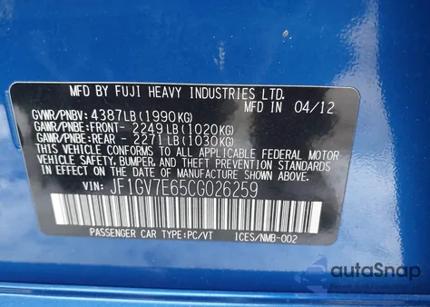 2012 Subaru Impreza Wrx из США, поврежденный, VIN JF1GV7E65CG026259